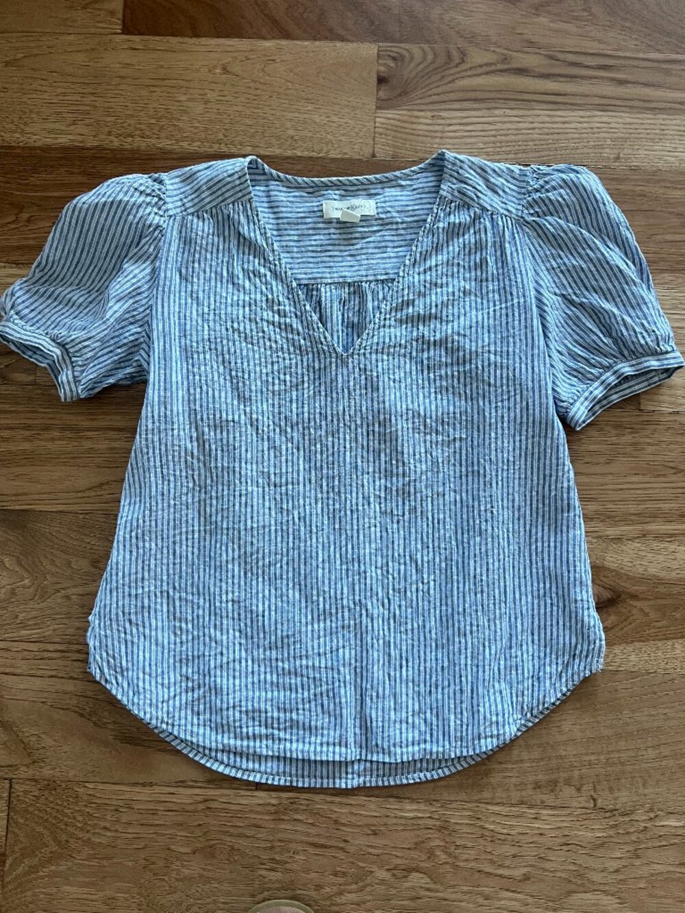 Treasure & Bond Blue and White Striped V-Neck Puff Sleeve Blouse